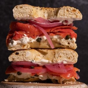 A stack of smoked salmon bagels