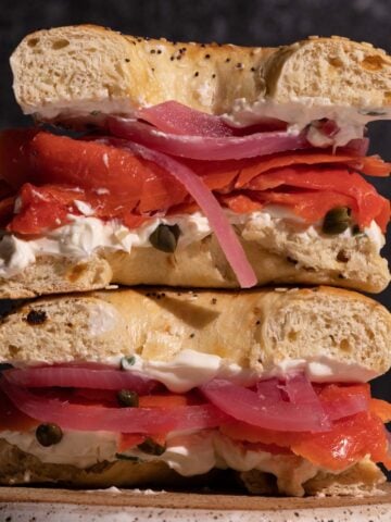 A stack of smoked salmon bagels