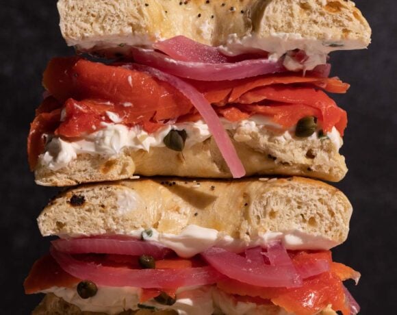 A stack of smoked salmon bagels