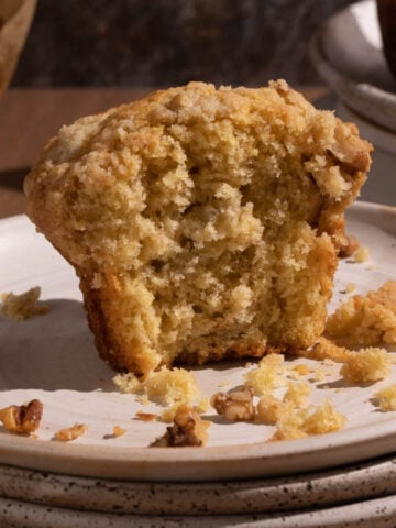 Half of a banana walnut muffin up close