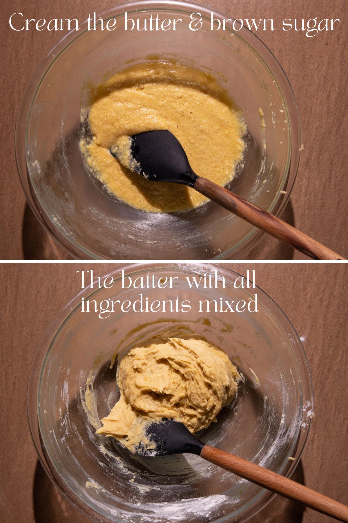 A photo grid of banana walnut muffin batter in bowls