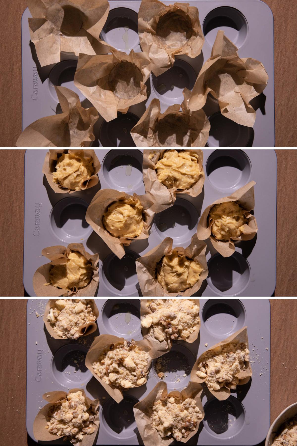 A photo grid of banana walnut muffin batter in muffin tins