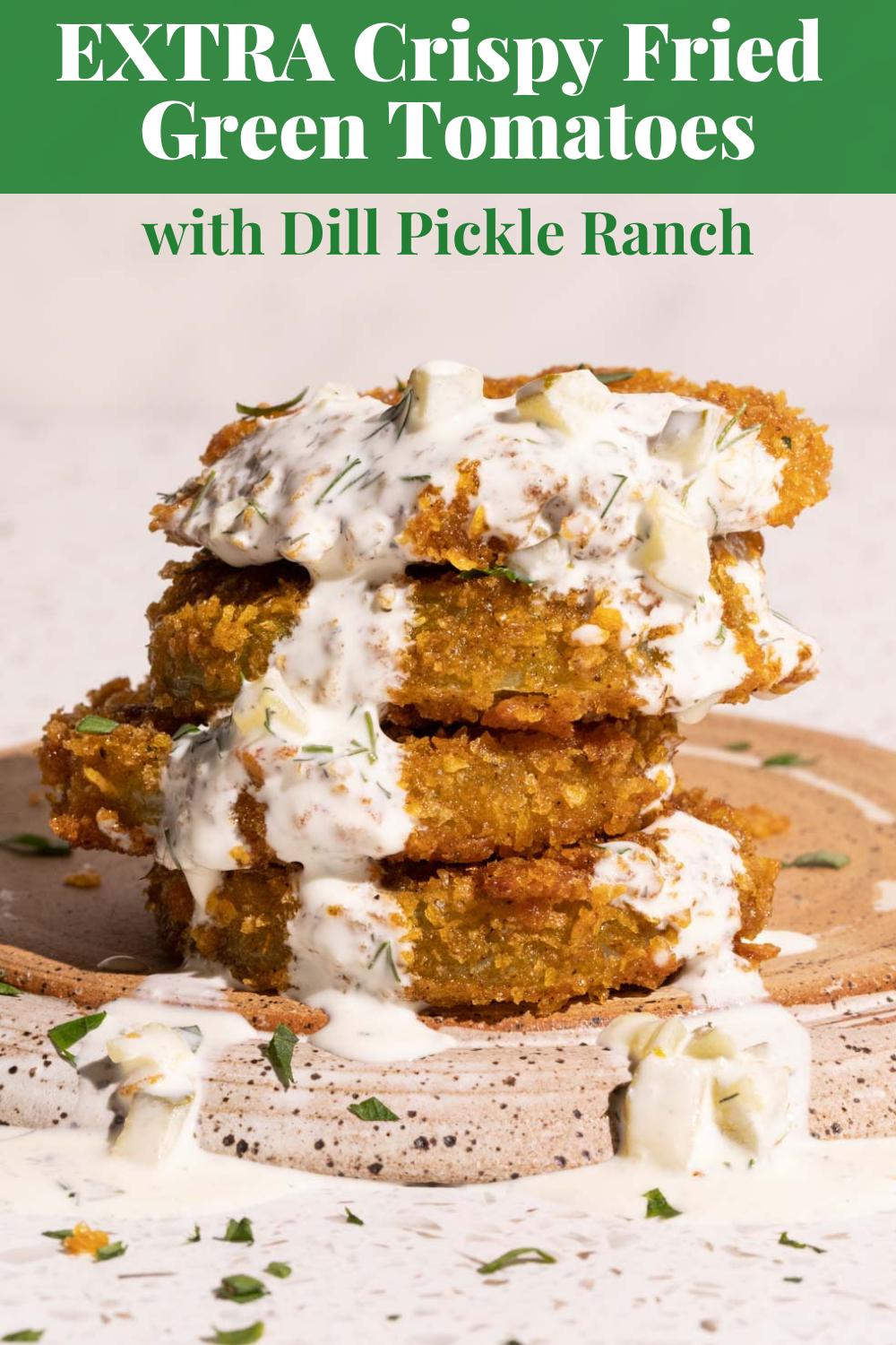 Stacked fired green tomatoes with a dill pickle ranch sauce via @bessiebakes