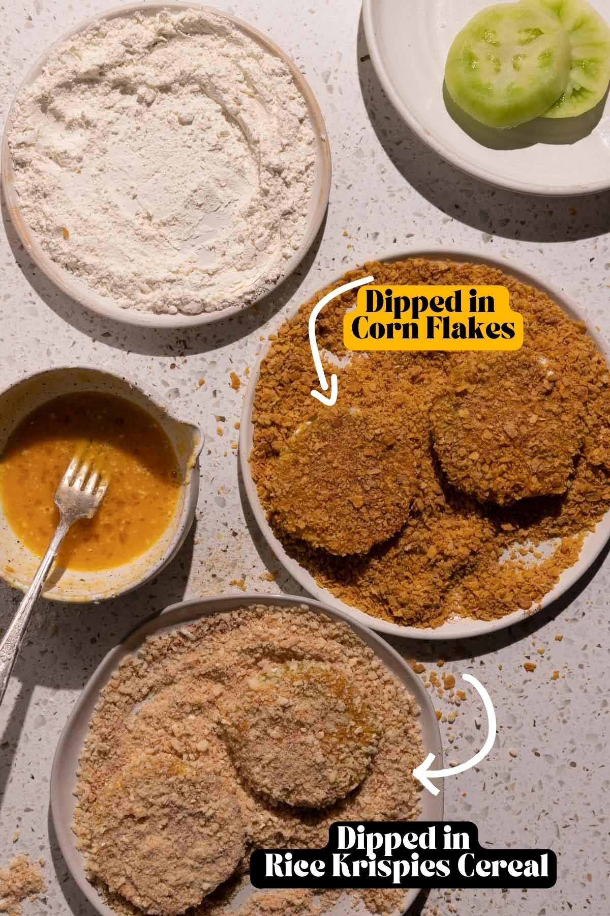Fried green tomatoes dipped in a cereal crust