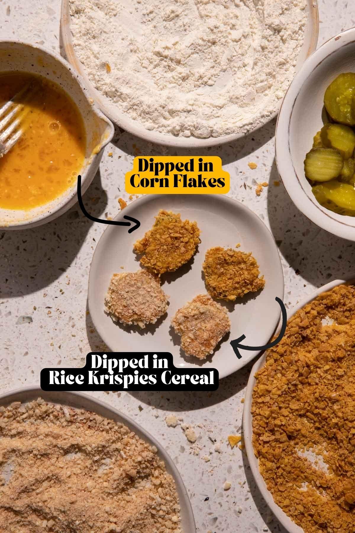 Fried pickles coated in a cereal crust on plates