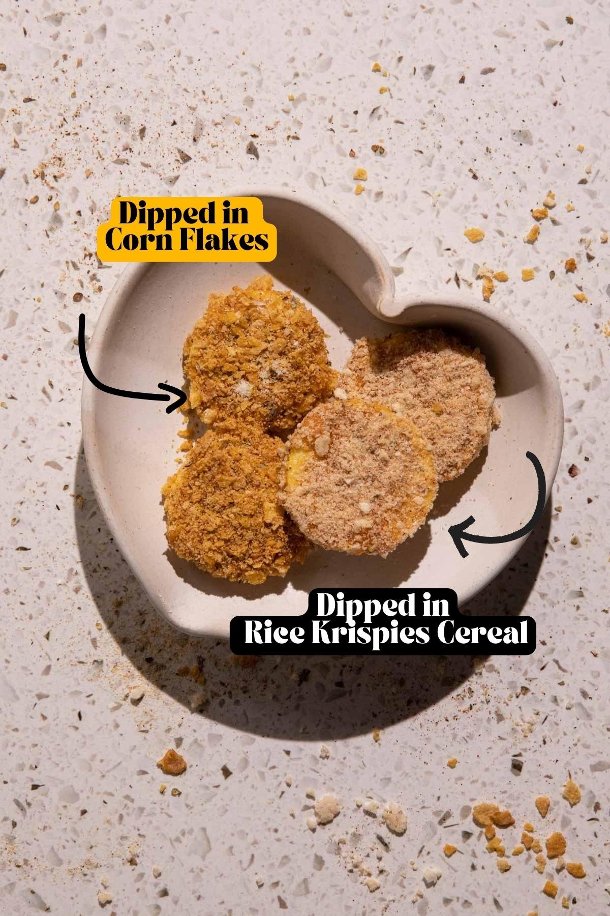 Fried squash dipped in a cereal crust in a heart-shaped bowl