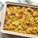 Gluten free southern cornbread stuffing or dressing in a casserole dish
